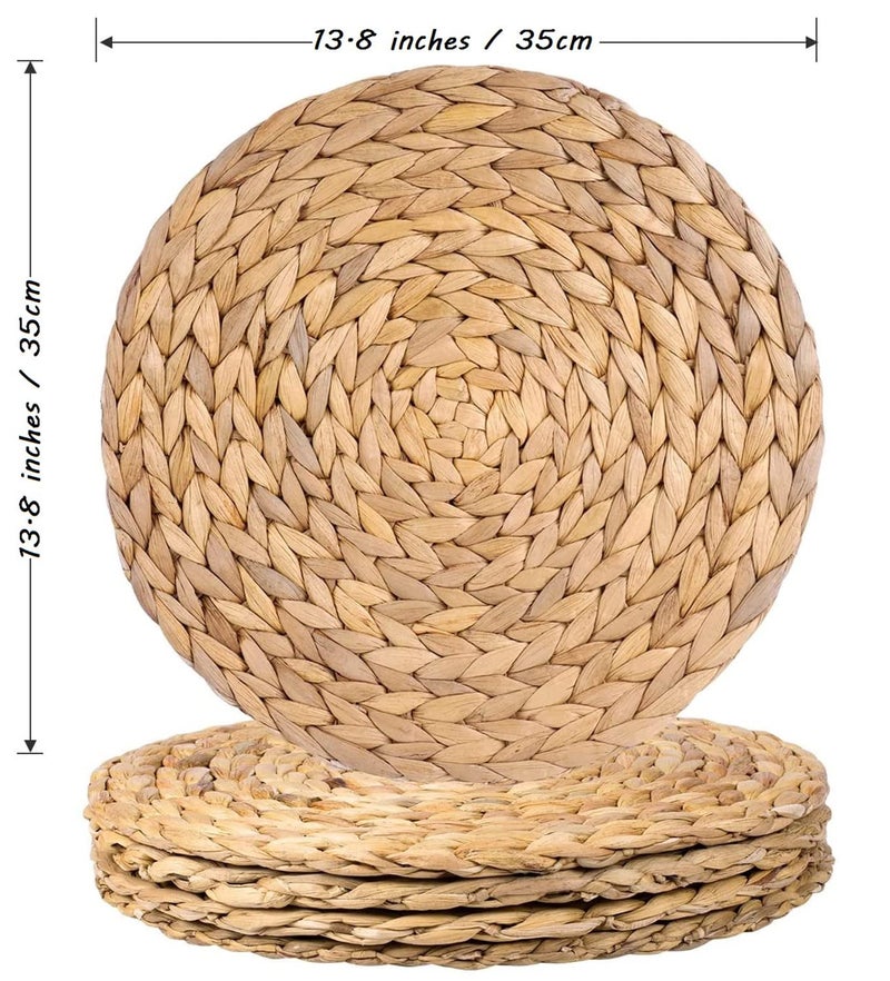 WENFOME 4 Pack Woven Placemats, Natural Water Hyacinth Weave Placemat Set Round Braided Rattan Tablemats Insulation Pads for Cooking and Baking (4, 13.5 Inch) - Image 2